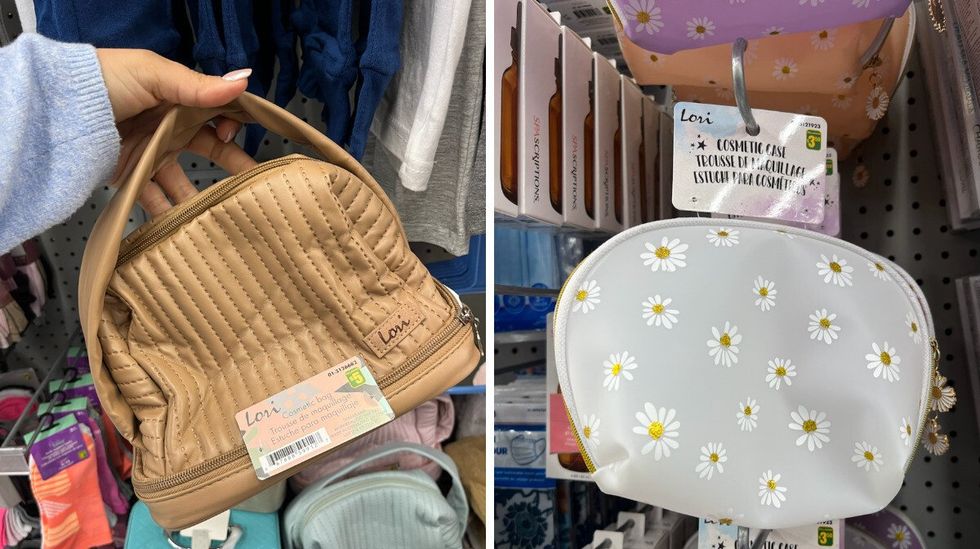 Une trousse bronze vendue au Dollarama. Droite : Une trousse \u00e0 fleurs en plastique vendue au Dollarama.