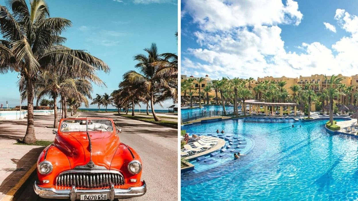 Une voiture à Cuba. Droite : un resort cubain.