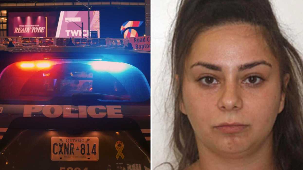 Une voiture de la police de Toronto. Droite : Katherine Bergeron-Pinzarrone.