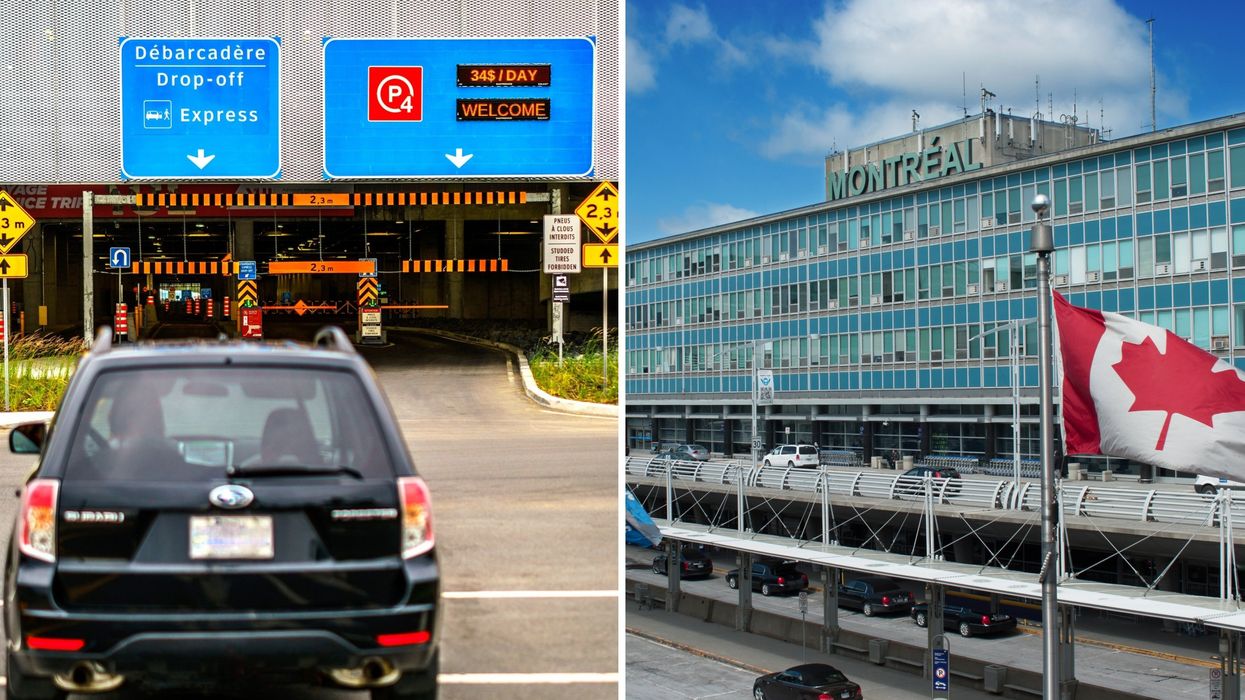 une voiture devant un stationnement. Droite : l'aéroport de Montréal.