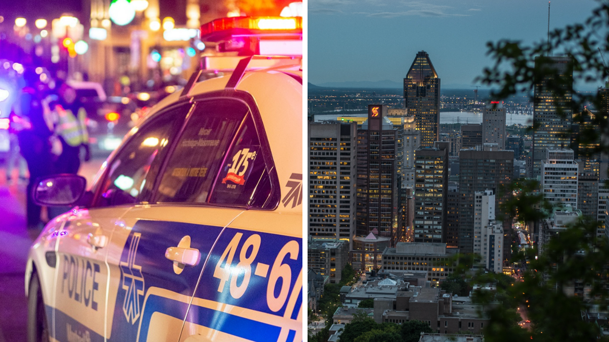 Une voiture du SPVM. Droite : Montréal la nuit.