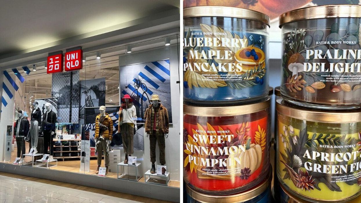 UNIQLO store. Right: Bath & Body Works three-wick candles.