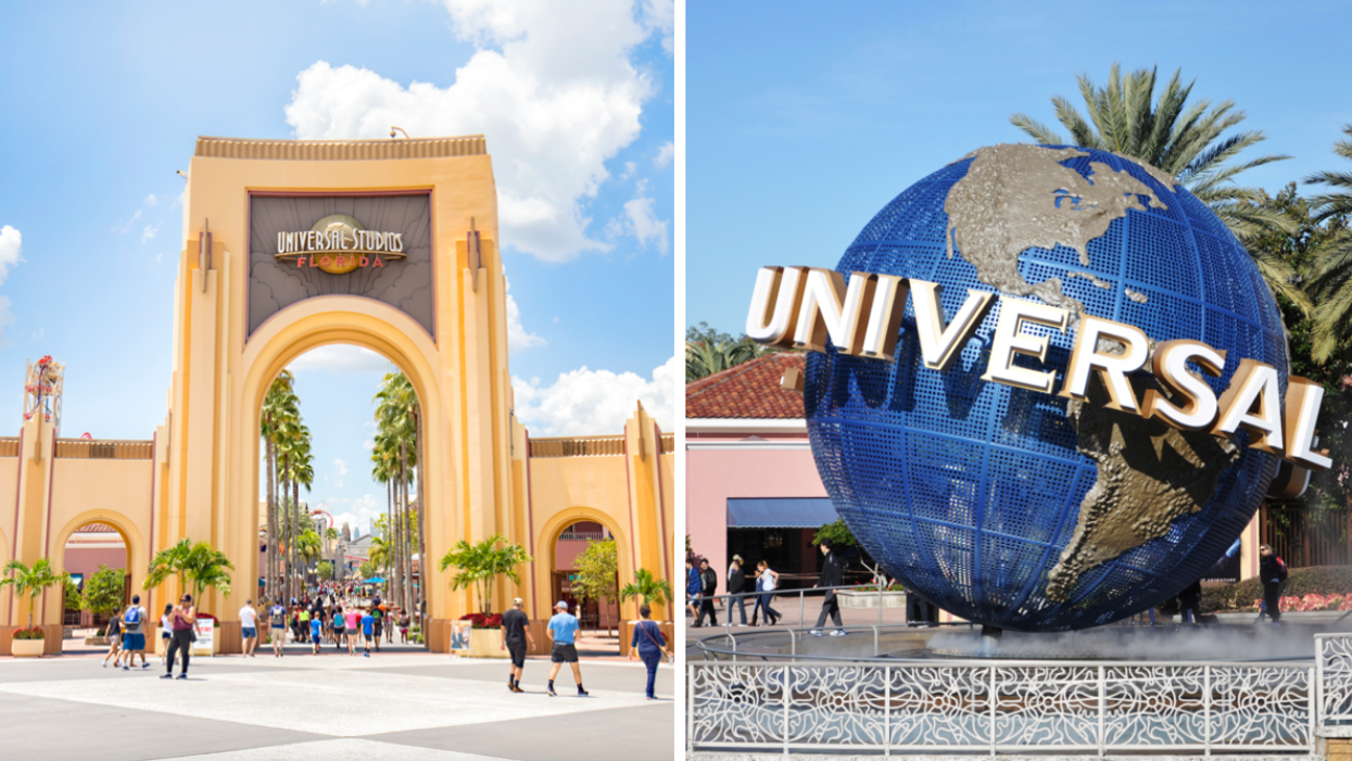 Universal Studios entrance. Right: Universal Studios globe.