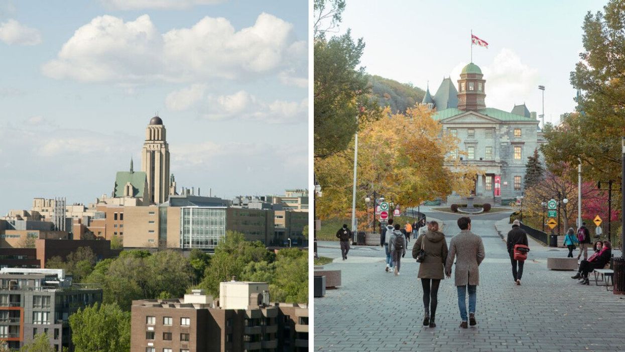 Université de Montréal. Droite : Des étudiants devant l'Université McGill.