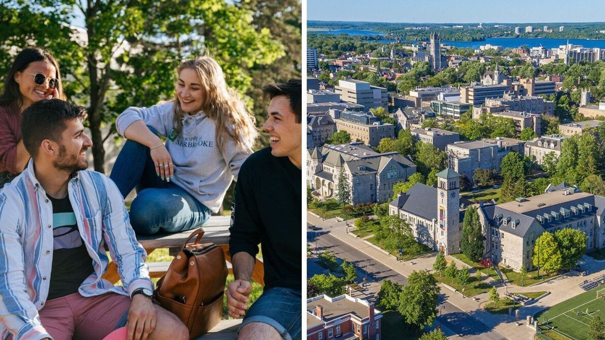 Université de Sherbrooke students on campus. Right: Queen's University campus in Kingston.