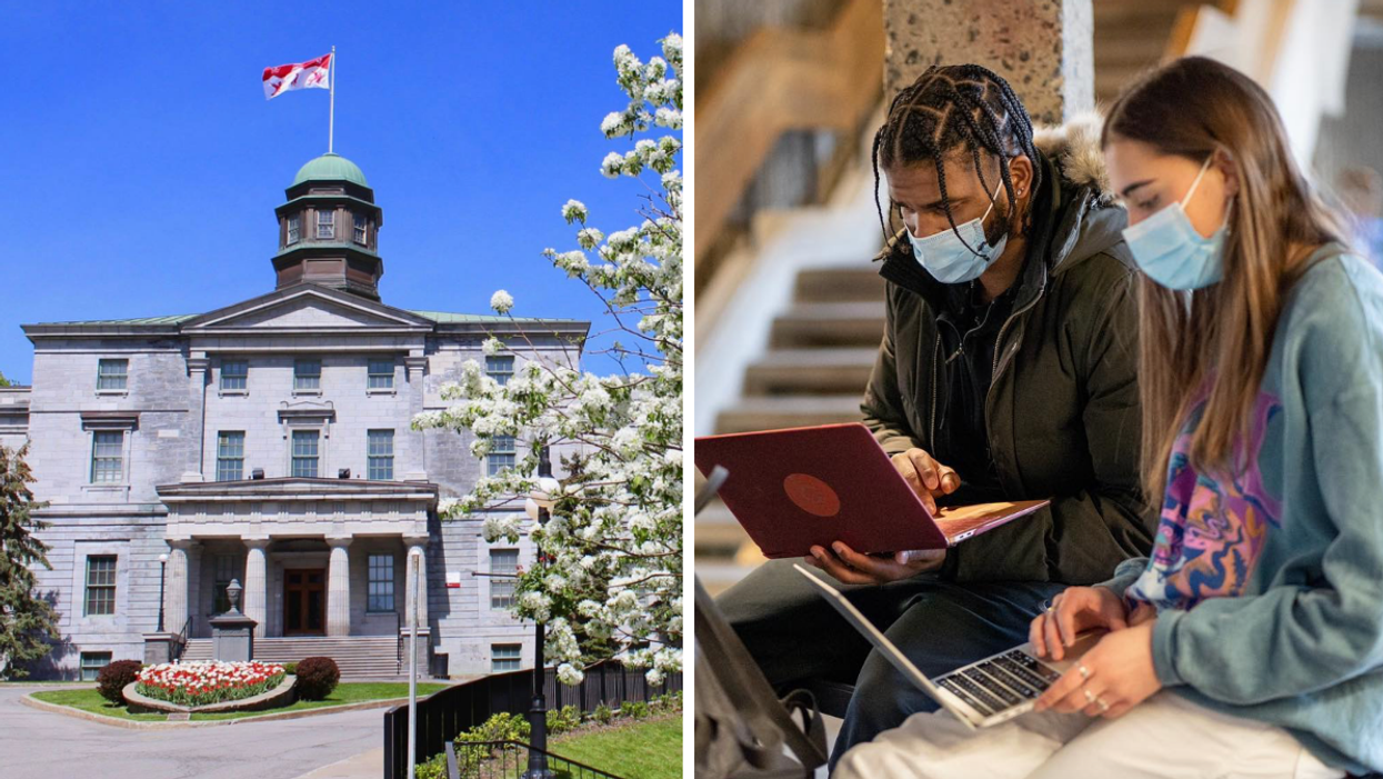 Université McGill. Droite : Étudiants avec le masque.