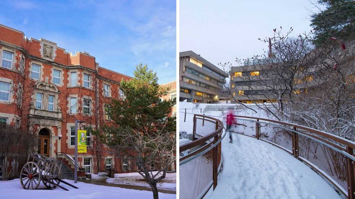 university of alberta building durng winter. right: person walking on snowy university of toronto campus