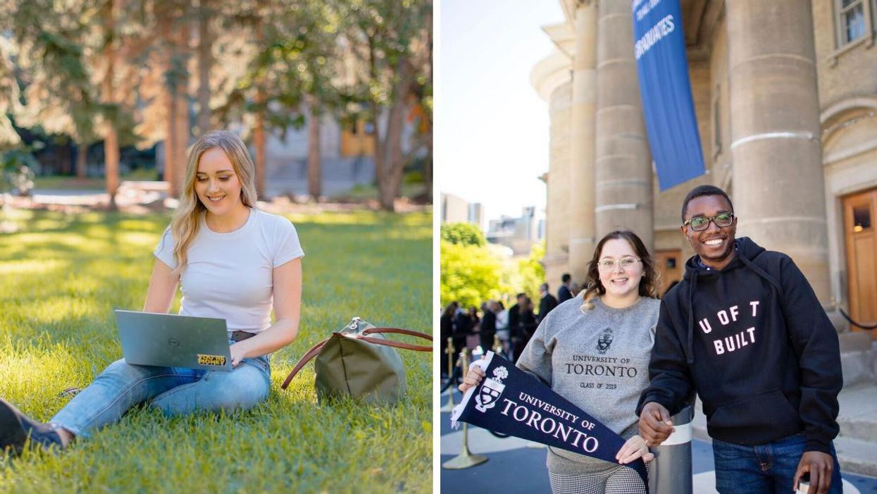 University of Alberta student on a laptop. Right: University of Toronto students.