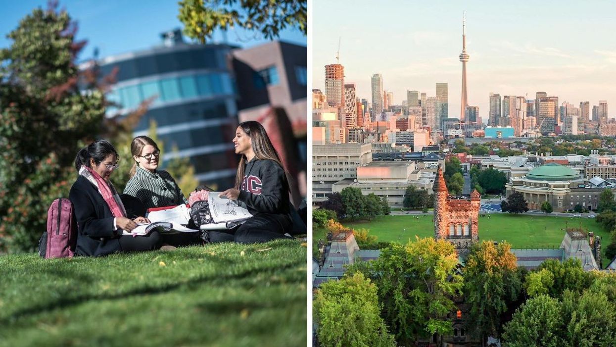 University of BC students on campus. Right: University of Toronto campus with the CN Tower in the background.