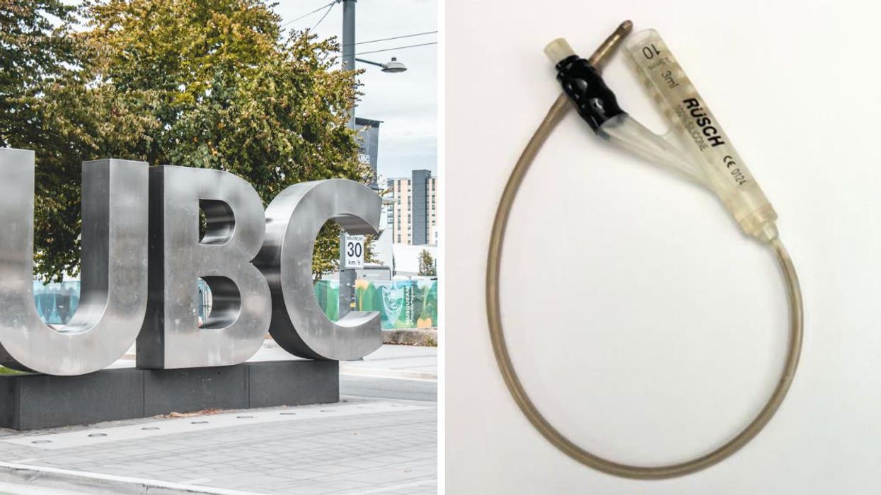 University of British Columbia sign. Right: Silver coating on a catheter.