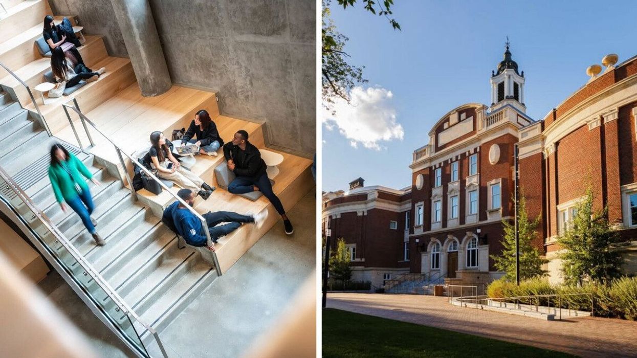 university of british columbia students sitting on steps in a building. right: building at university of alberta campus