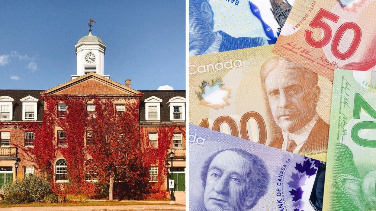 University of New Brunswick building. Right: Canadian money.