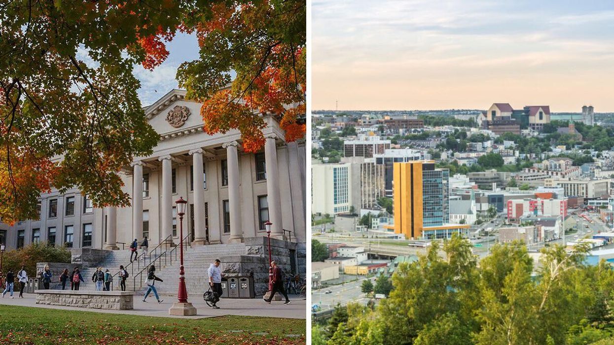 University of Ottawa campus. Right: Skyline of downtown St. John's, Newfoundland.