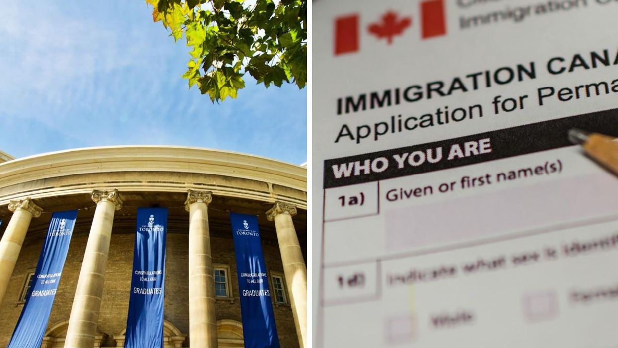 University of Toronto building. Right: A Canadian immigration form.