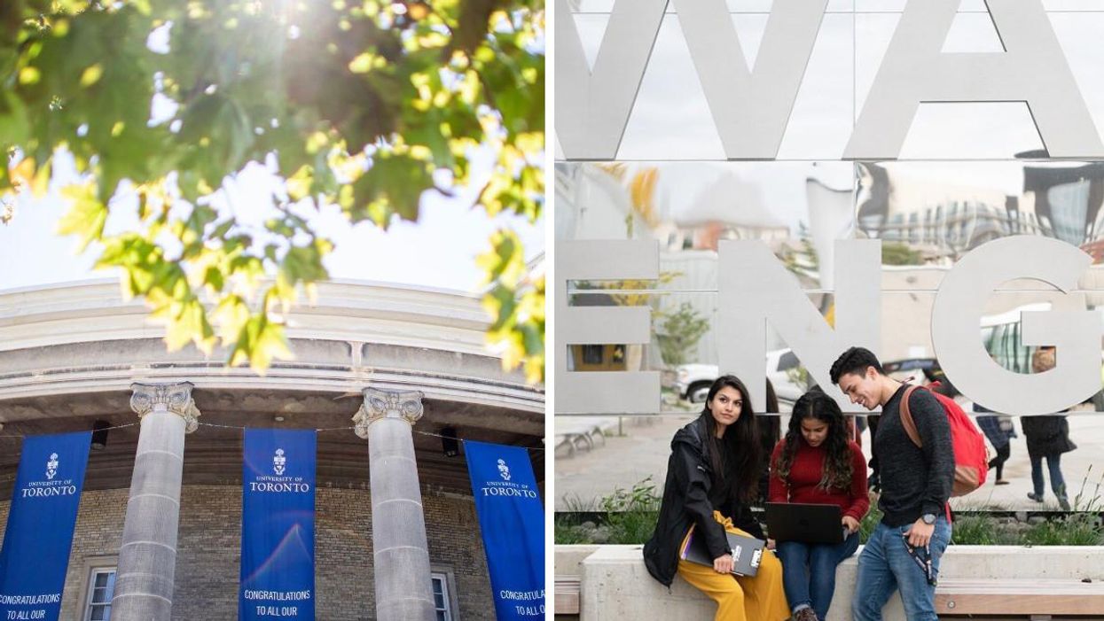 University of Toronto building. Right: Students on the University of Waterloo campus.