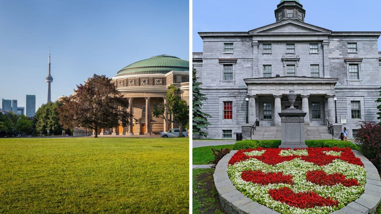 university of toronto convocation hall with cn tower in the background. right: mcgill university building