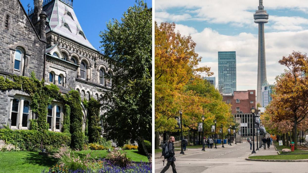 University of Toronto. Right: People walking on the University of Toronto campus.