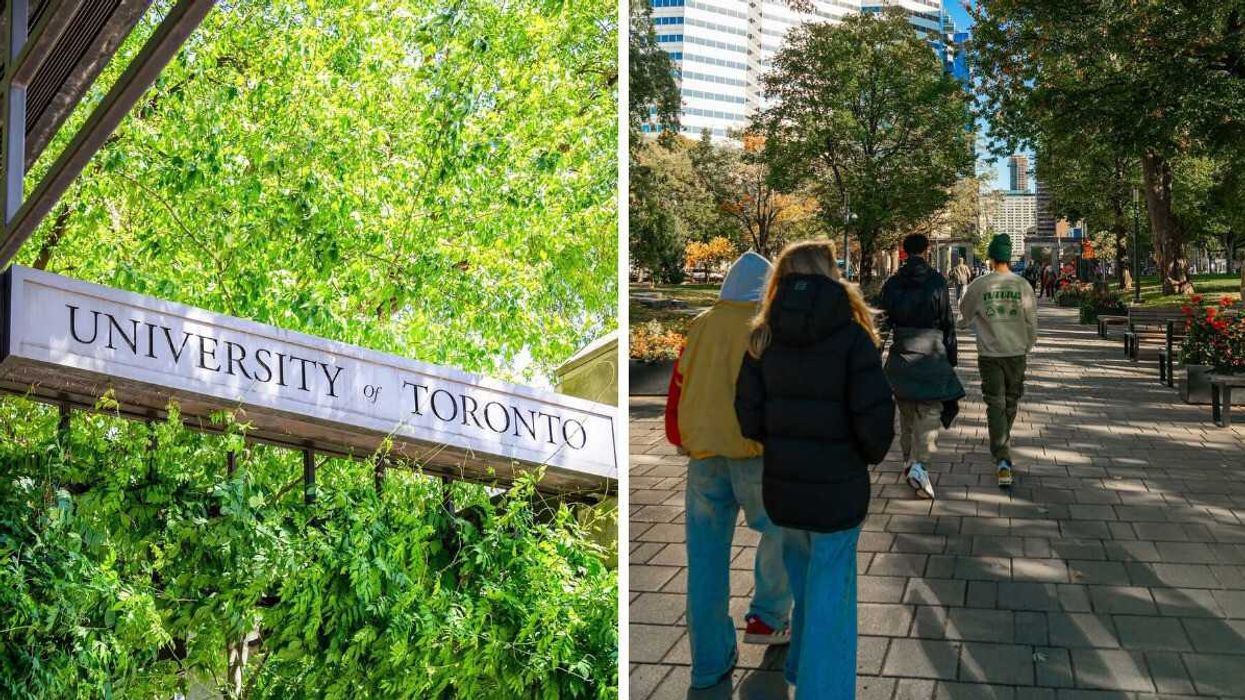 university of toronto sign in front of trees. right: students walking on mcgill university campus