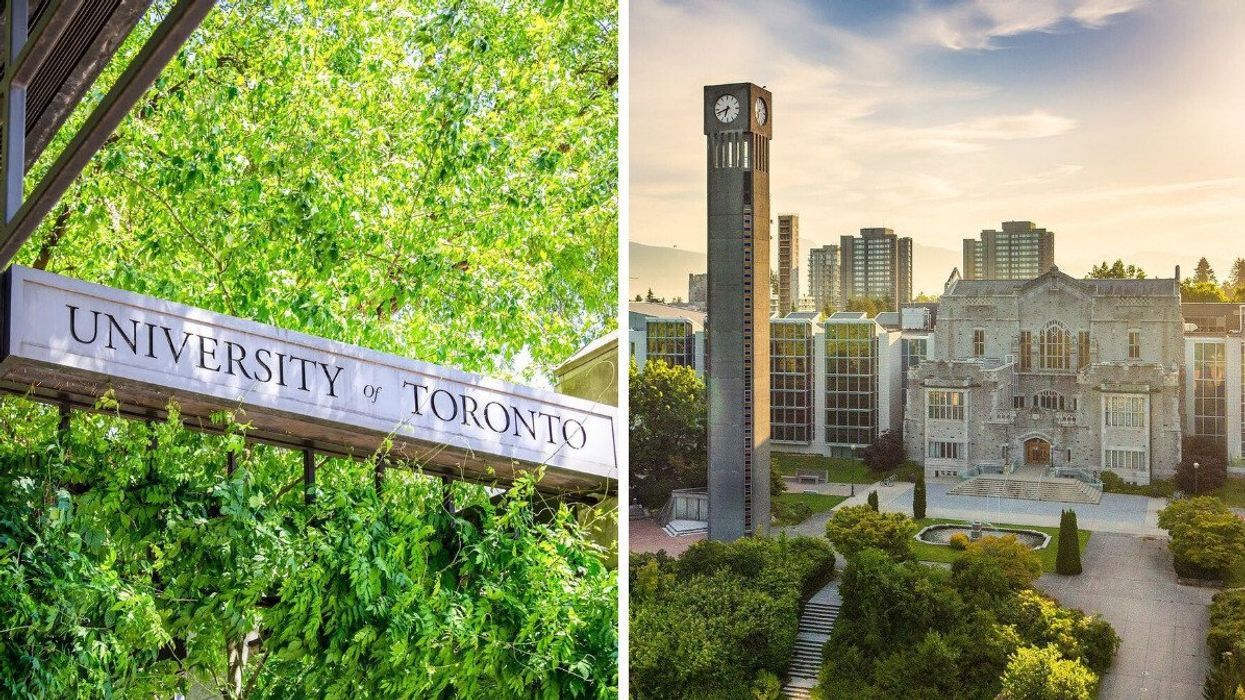 university of toronto sign. right: aerial view of university of british columbia campus