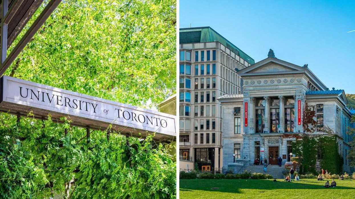 university of toronto sign surrounded by trees. right: building on mcgill university campus