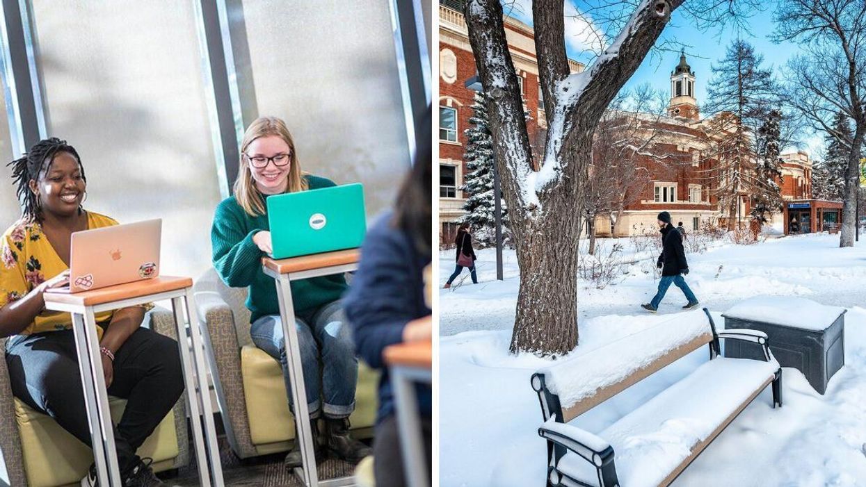 University students working on laptops at the University of British Columbia. Right: People walking on the University of Alberta's snow-covered campus.