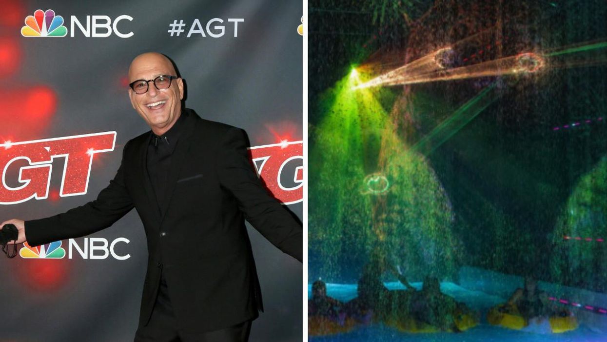 Unsanctioned proctologist Howie Mandel. Right: Floating through a tunnel with lasers and waterfall mist.