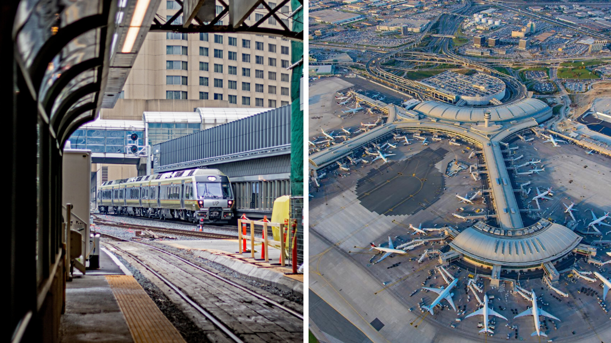 UP Express train pulling into Union Station, Right: Aerial view of Toronto Pearson Airport.