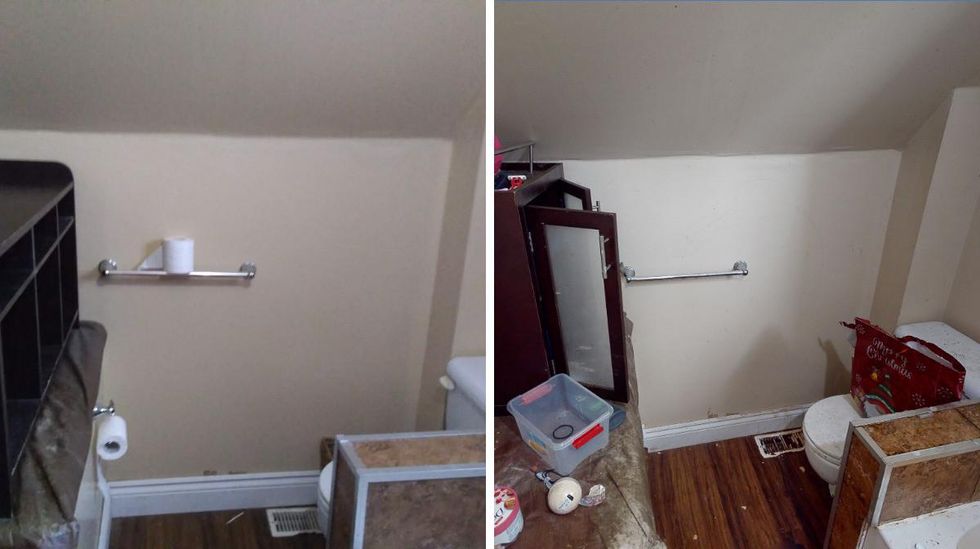 Upstairs bathroom before renters. Right: Upstairs bathroom after renters.