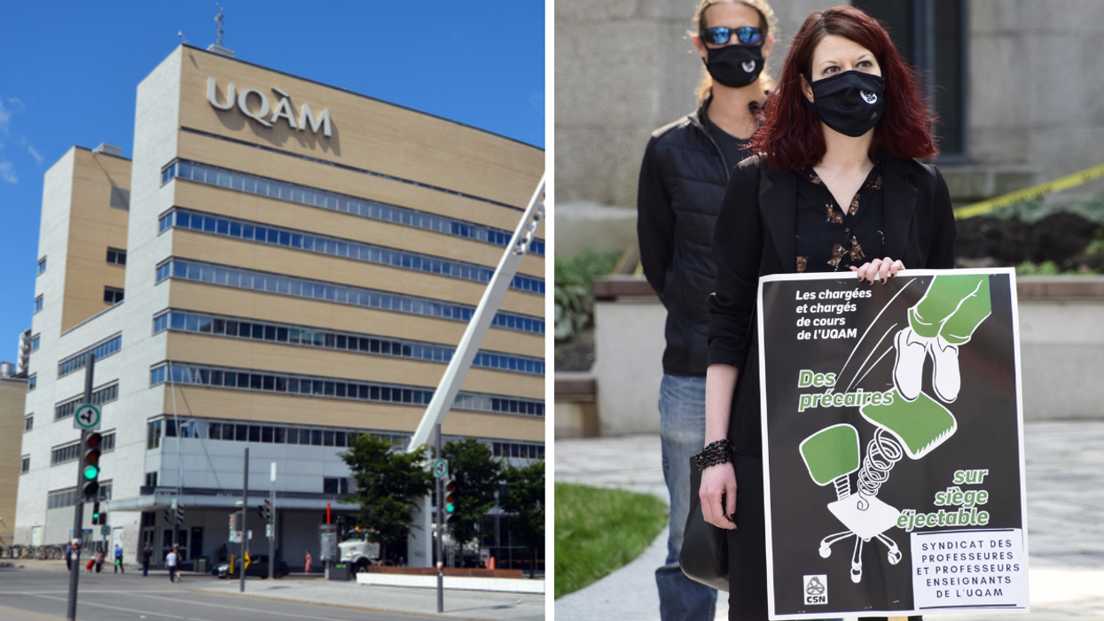 UQAM. Droite : Professeur.es de l'UQAM qui manifestent.