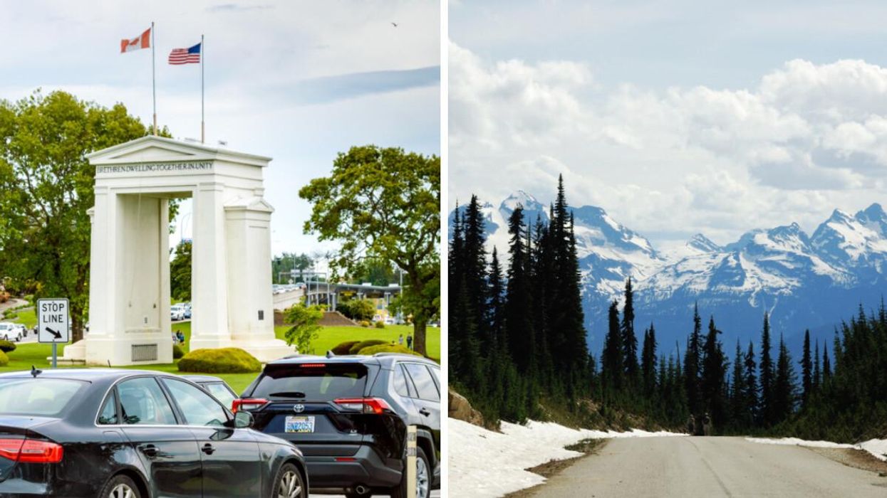 US Canada border in B.C. Right: B.C. mountains and highway.