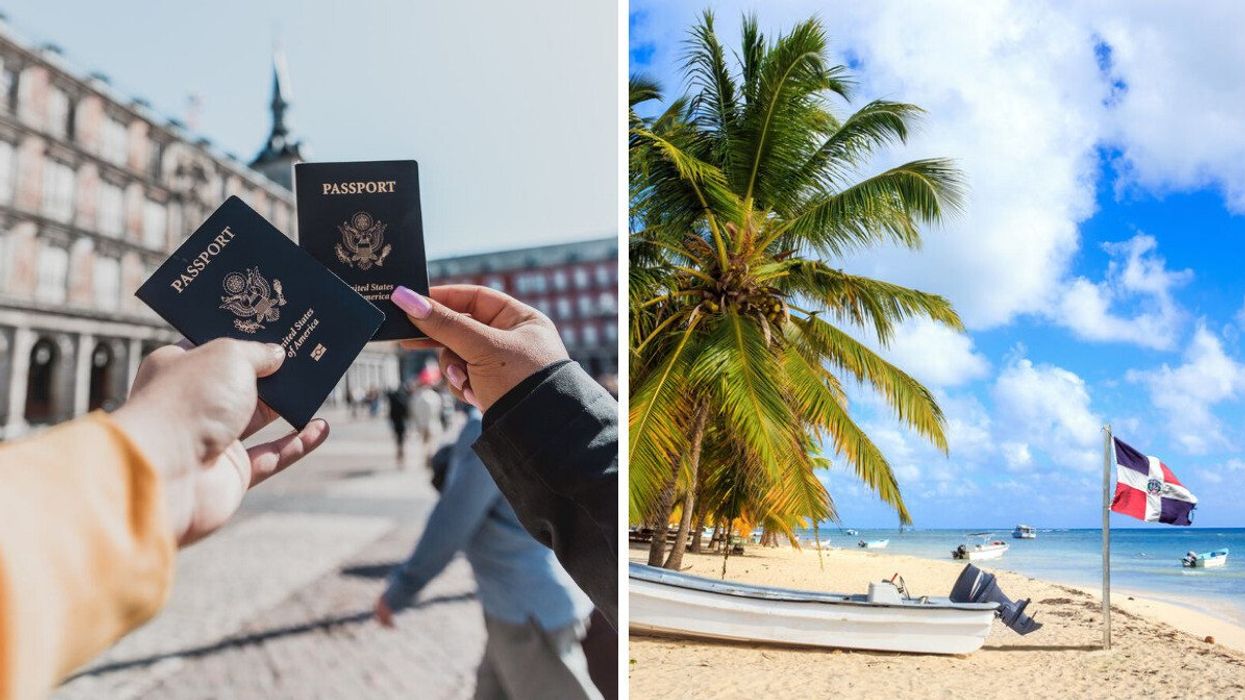 US passports. Right: A beach in the Dominican Republic.