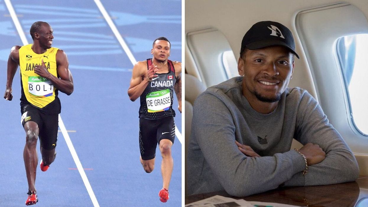 Usain Bolt and Andre De Grasse at the Olympic Summer Games in 2016. Right: Andre De Grasse.