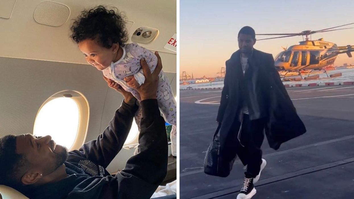 Usher lifting his baby in the air in an airplane. Right: Usher walking away from a helicopter. 