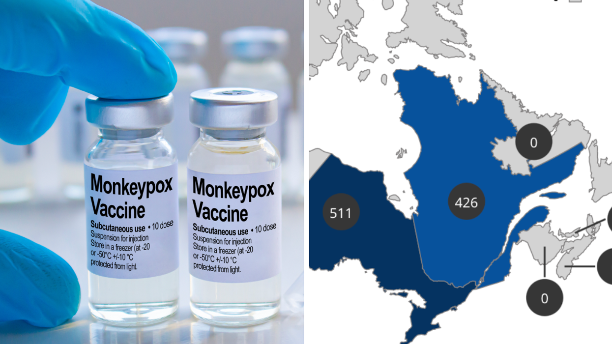 Vaccin contre la variole simienne. Droite : Carte du Canada avec les cas de variole simienne.