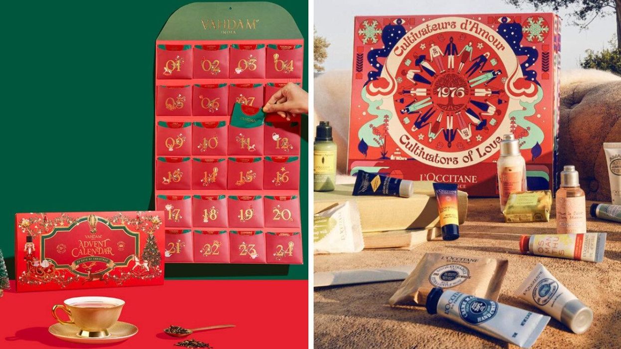 VAHDAM Loose Leaf Tea Advent Calendar. Right: L'Occitane Classic Beauty Advent Calendar.