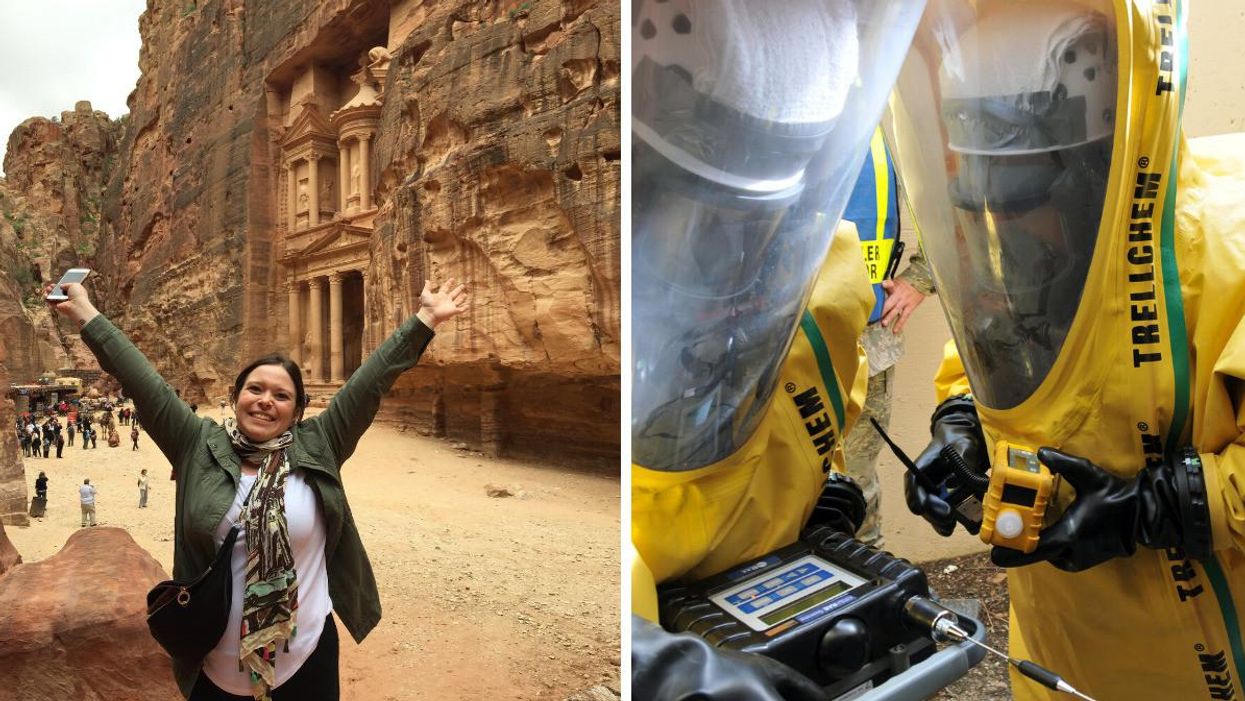 Valerie Durocher with her arms stretched out in Petra, Jordan. Right: People in hazmat suits looking at a device.
