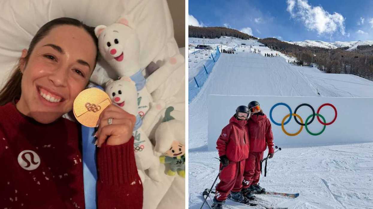 Valerie Maltais holding a bronze medal from milano cortina olympics. right: two team canada athletes on skis near olympic slopes in livigno