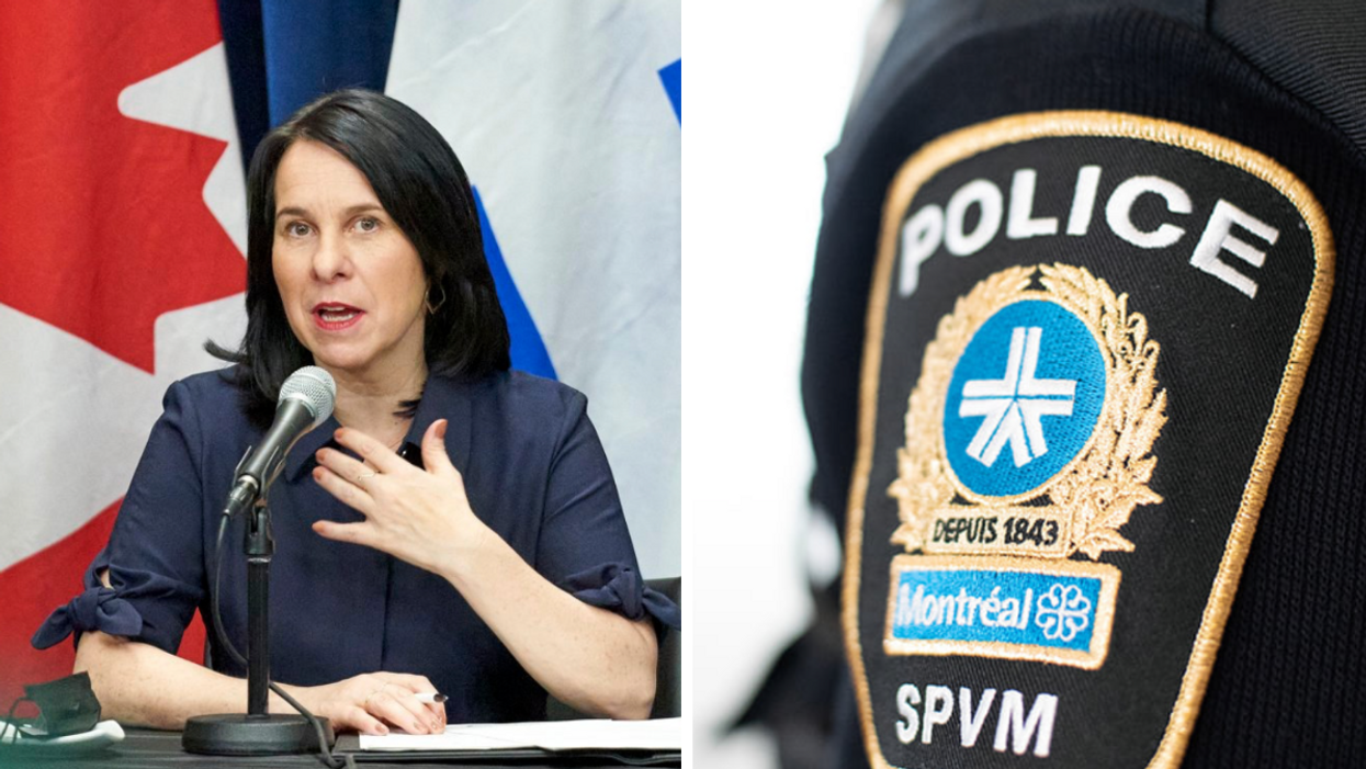 Valérie Plante à une conférence de presse. Droite : Agent.e du Service de police de la Ville de Montréal.
