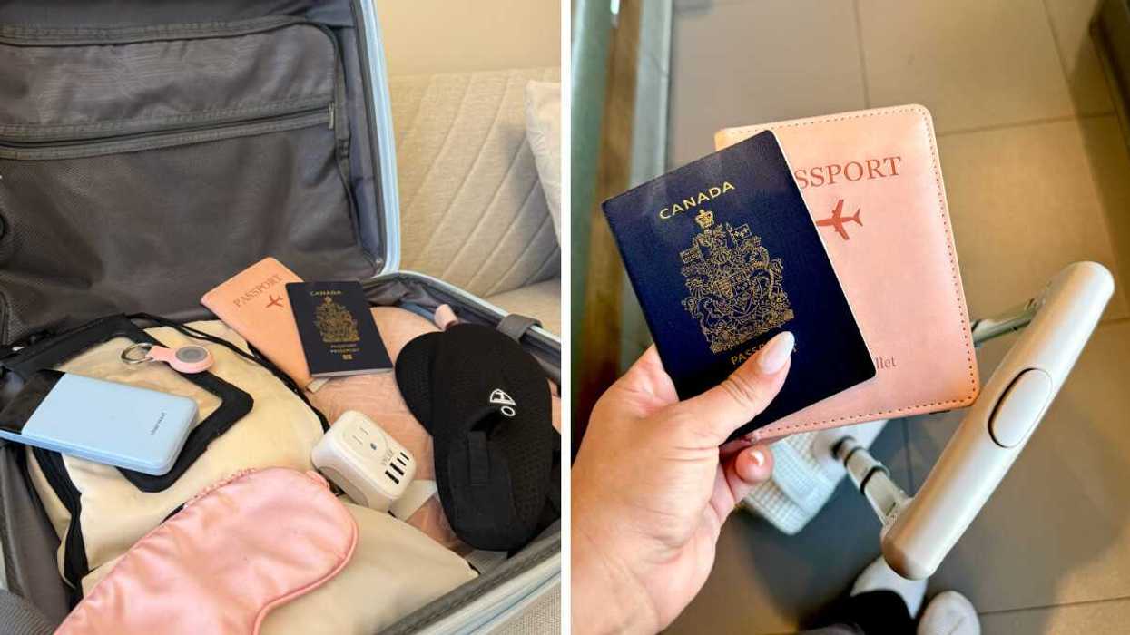 Valise remplie d'items de voyage. Droite : Une main tient un passeport et un étui à l'aéroport.