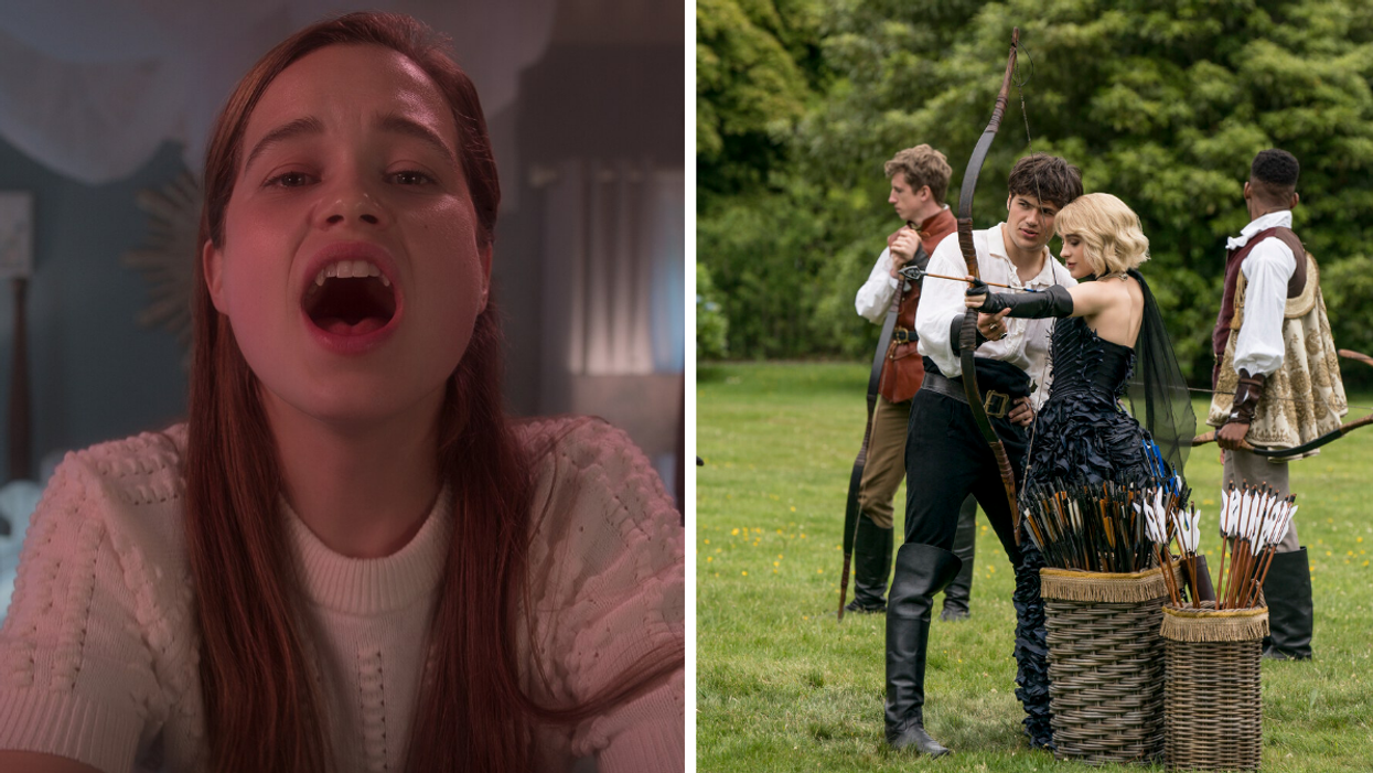 Vampire teen in 'First Kill'. Right: Jamie Flatters and Sophia Anne Caruso in new film.