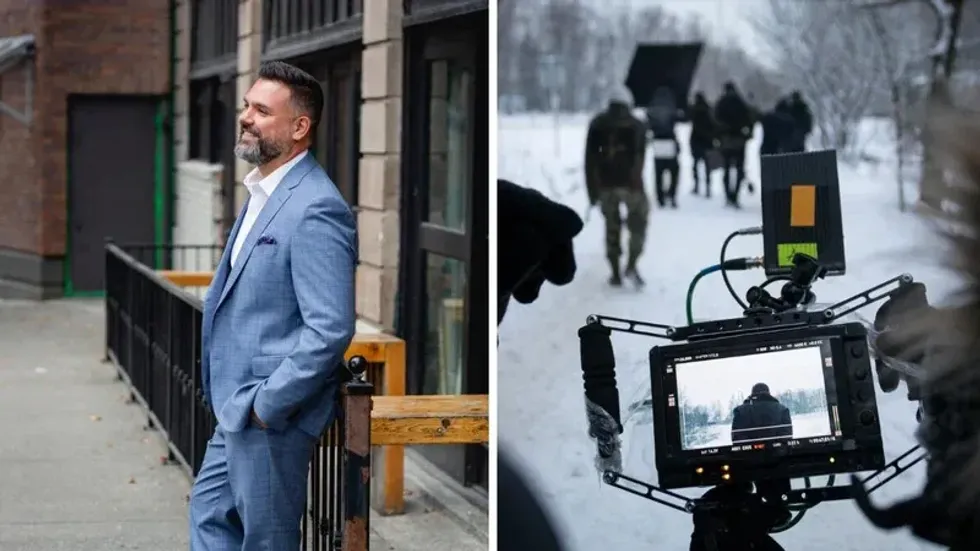 Vancouver acting agent Nigel Mikoski. Right: camera on a film set.