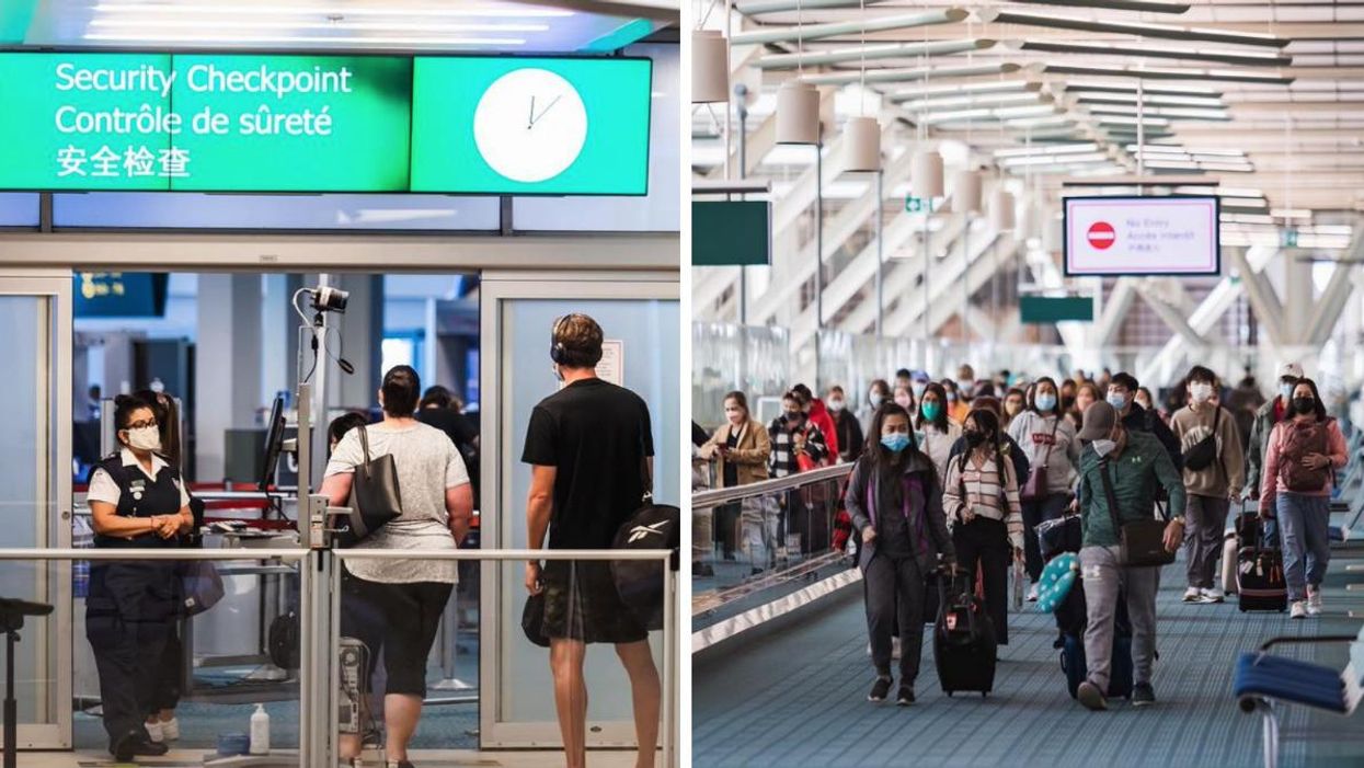 Vancouver Airport security. Right: Passengers at Vancouver Airport.
