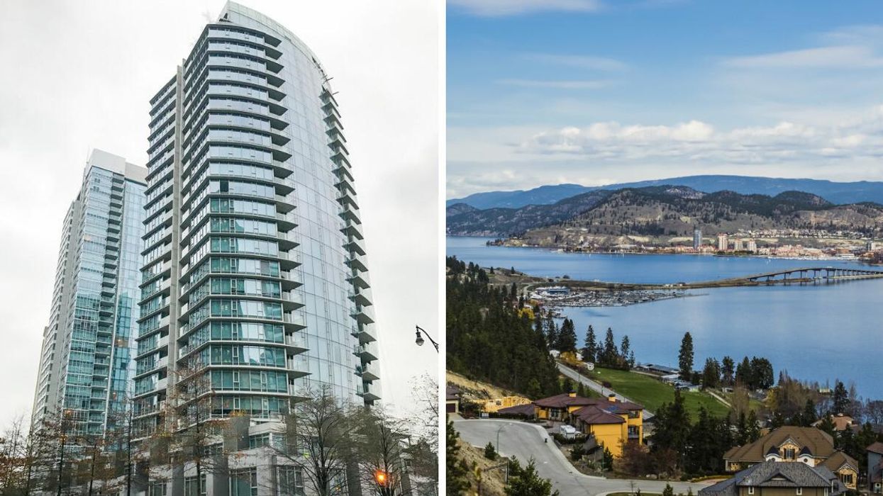 Vancouver apartment building. Right: Kelowna skyline.