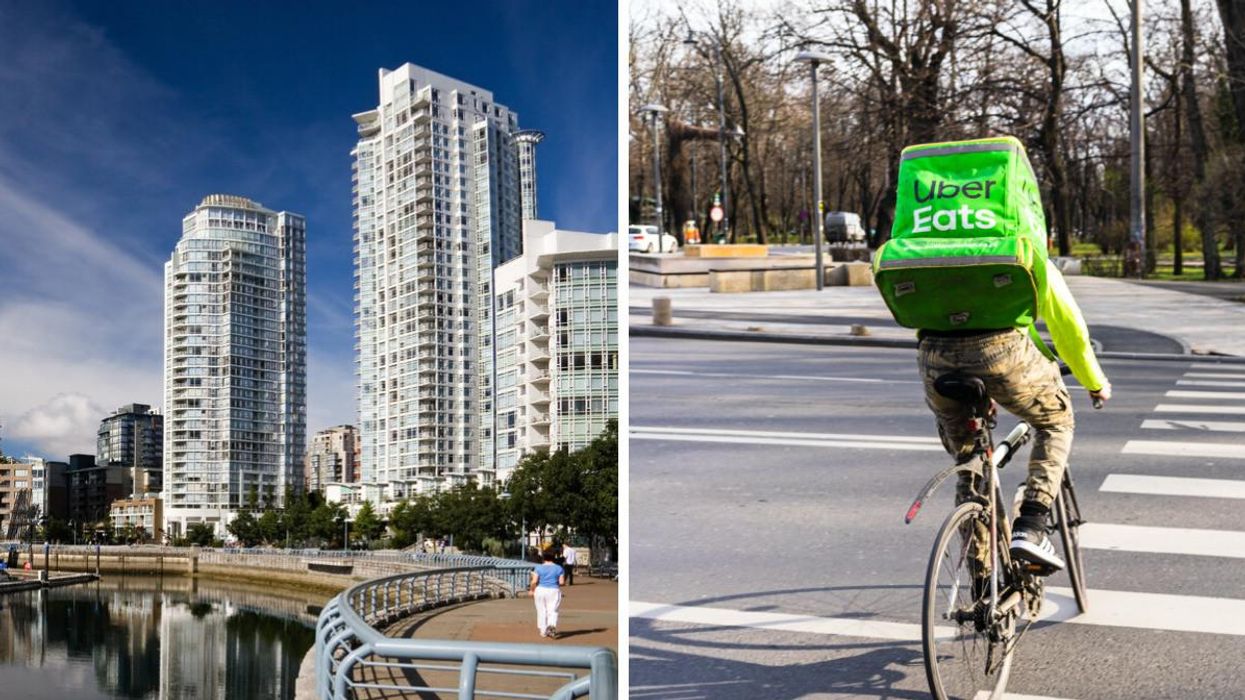 Vancouver, B.C. Right: Cyclist delivering Uber Eats.