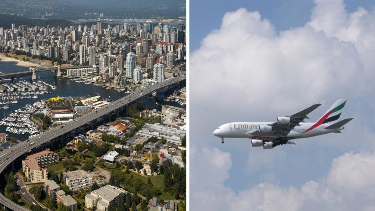 Vancouver, B.C. Right: Emirates airplane.
