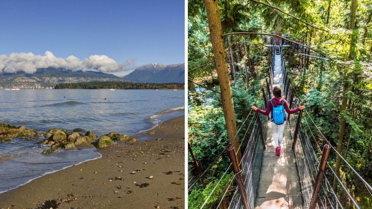 Vancouver, B.C. Right: Person on Capilano Suspension Bridge.