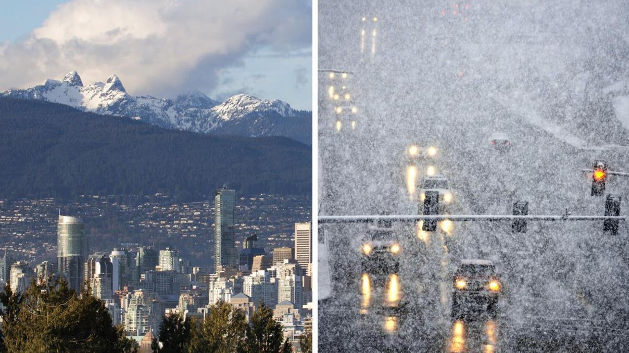 Vancouver, B.C. with snowy mountains in the background. Right: Cars driving in a snow storm.