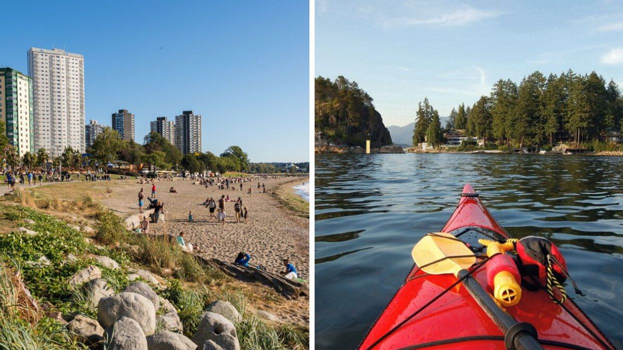 Vancouver beach. Right: Kayaking in Deep Cove.