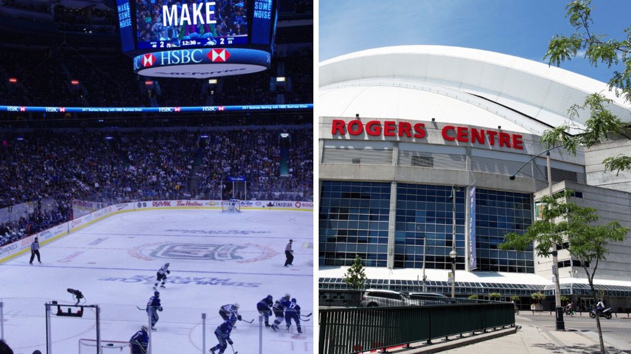 Vancouver Canucks playing a hockey game at Rogers Arena in Vancouver. Right: An exterior shot of Rogers Centre in Toronto.