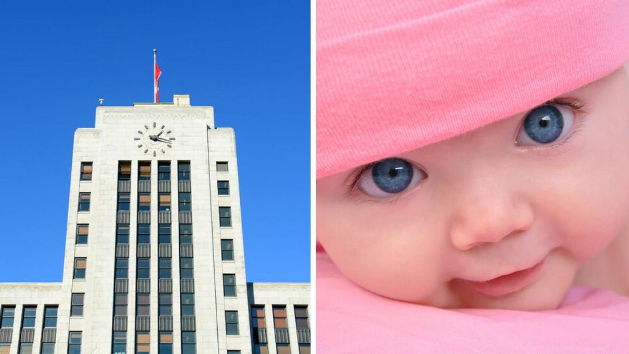 Vancouver City Hall outside of the building. Right: A Baby face close up to the camera.